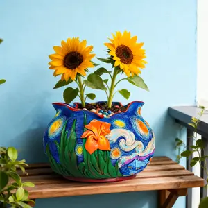 u-wonderful Van Gogh Style Resin Flower Pot - Medium, Irregular Vibrant Blue & Orange Impressionist Planter with Starry Night Iris Art Design, Ceramic Pots for Plants, Indoor/Outdoor Tabletop Home Decor, Housewarming Gift for Art Lovers