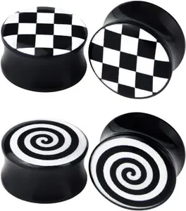 Checkered and Spiral Saddle Ear Gauges Set UV Acrylic Ear Plugs Tunnel Stretcher Expander Body Piercing Jewelry 4 Pieces 2G-1"