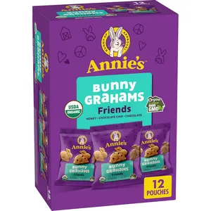 Organic Friends Bunny Grahams, Chocolate Chip, Chocolate, and Honey Baked Graham Snacks, 12 Pouches, 12 oz