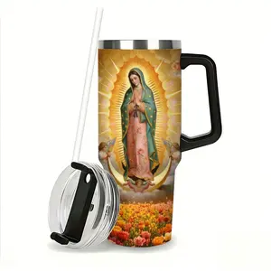 Sanctum Home 40oz Flip-Down Covered Straw Tumbler with Handle | 100% Leakproof Insulated Tumbler | Virgin of Guadalupe 304  Water Bottle  | Cup Holder Friendly Base| Catholic Religious Gift for Confirmation First Communion| Mother's Day Gift