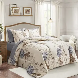 7 count Bed in a Bag , Elegant Flower Botanical Smooth Soft Microfiber Floral Comforter Set for All Season (1 Comforter, 2 Pillow Shams, 1 Flat Sheet, 1 Fitted Sheet, 2 Pillowcases)