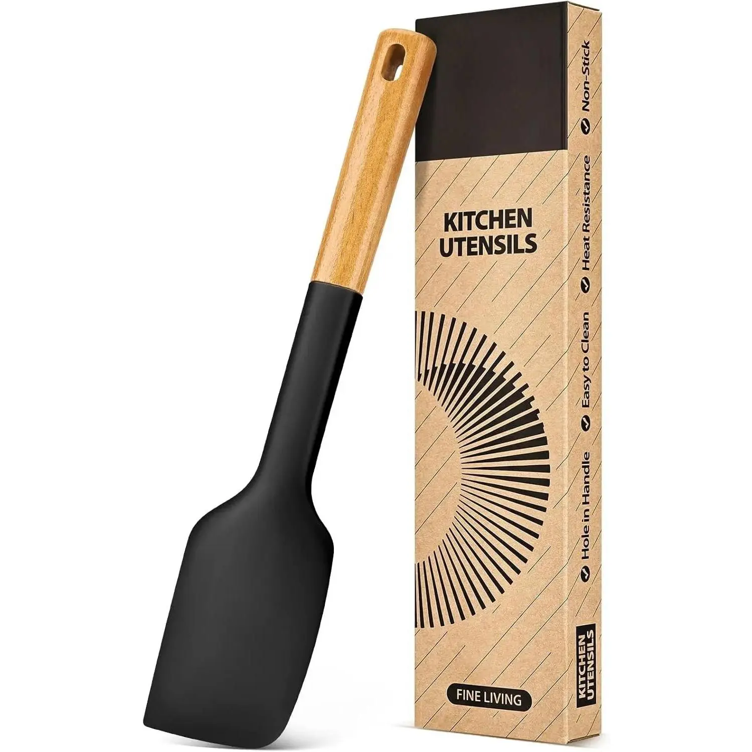 Heavy-Duty Silicone Kitchen Utensil Spatula - BPA-Free Matte Silicone, Ergonomic Long Handle Design, Heat-Resistant, Built-In Spoon Rest, Ideal for Cooking & Mixing, Safe for Nonstick Cookware (Black)