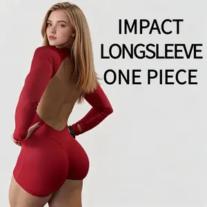 High Compression Long Sleeve One Piece Unitard with Built-In Sports Bra, Soft Stretch Workout Gym Activewear