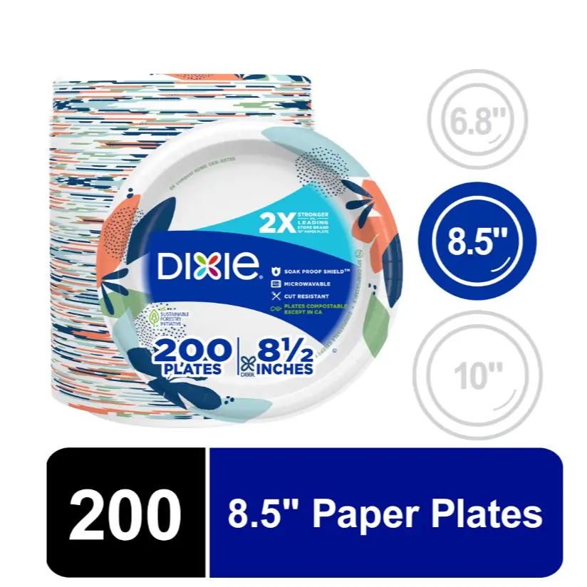 Disposable Paper Plates 8.5 Inch, Multi-Color, Heavy Duty, 200 Count