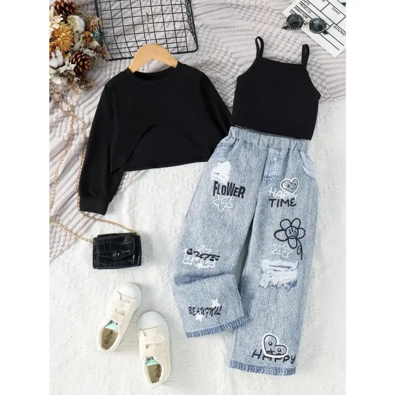 Girls' 3-Piece Outfit Set: Letter Print Long Sleeve Pullover with Round Neck, Camisole, and Damaged Faux Denim Pants with Pockets, None, Plain, Do Not Dry Clean, Machine Washable