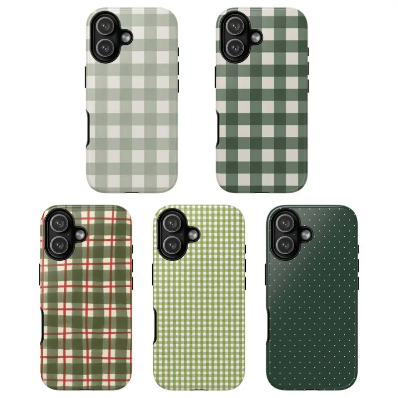 Green Plaid Aesthetic Phone Case – Minimal Checkered & Polka Design, Cozy Retro Style  Tough Case, Anti-Drop, Waterproof, Shockproof, Glossy Finish, Scratch-Resistant Full Protection.iPhone 17 16 15 14 13 12 11 cases Cellphone Smartphone