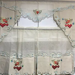 Strawberry Kitchen Curtain Set NS with Embroidered Butterflies and Berries Design for Rustic Decor