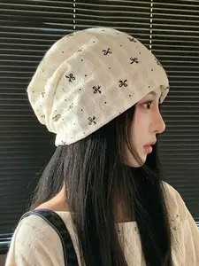 Thin Layered Beanie Hat, Polka Dot Bow Design, Casual Windproof Cap, Summer Postpartum Hat, Slimming Face Beanie, Women's Headwear