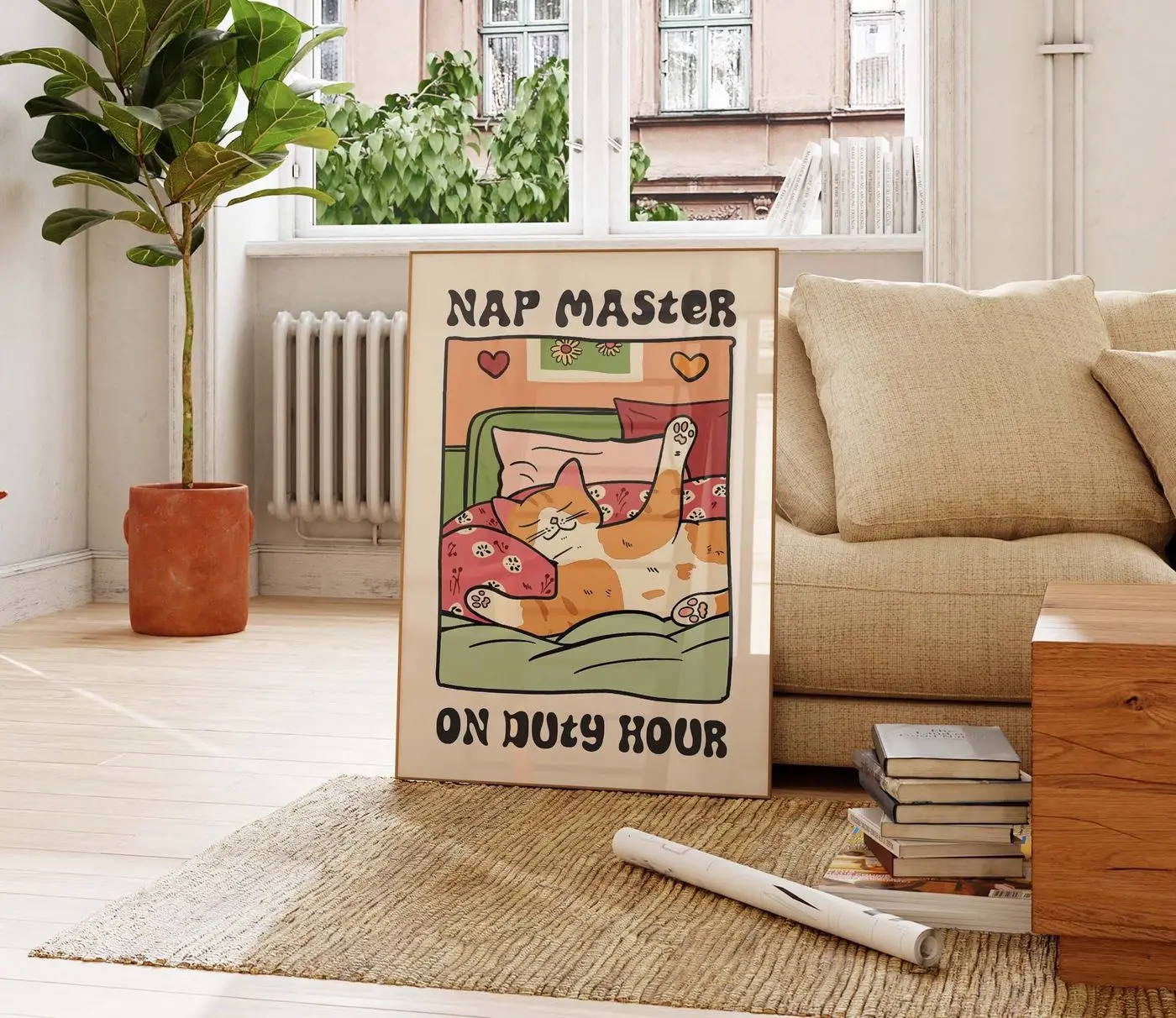 Cat Wall Art, Orange Cat Print, Cat Nap Wall Art, Retro Cat Poster, Cat Mom Gift, Classroom Wall Decor, Cat Illustration Print Gift