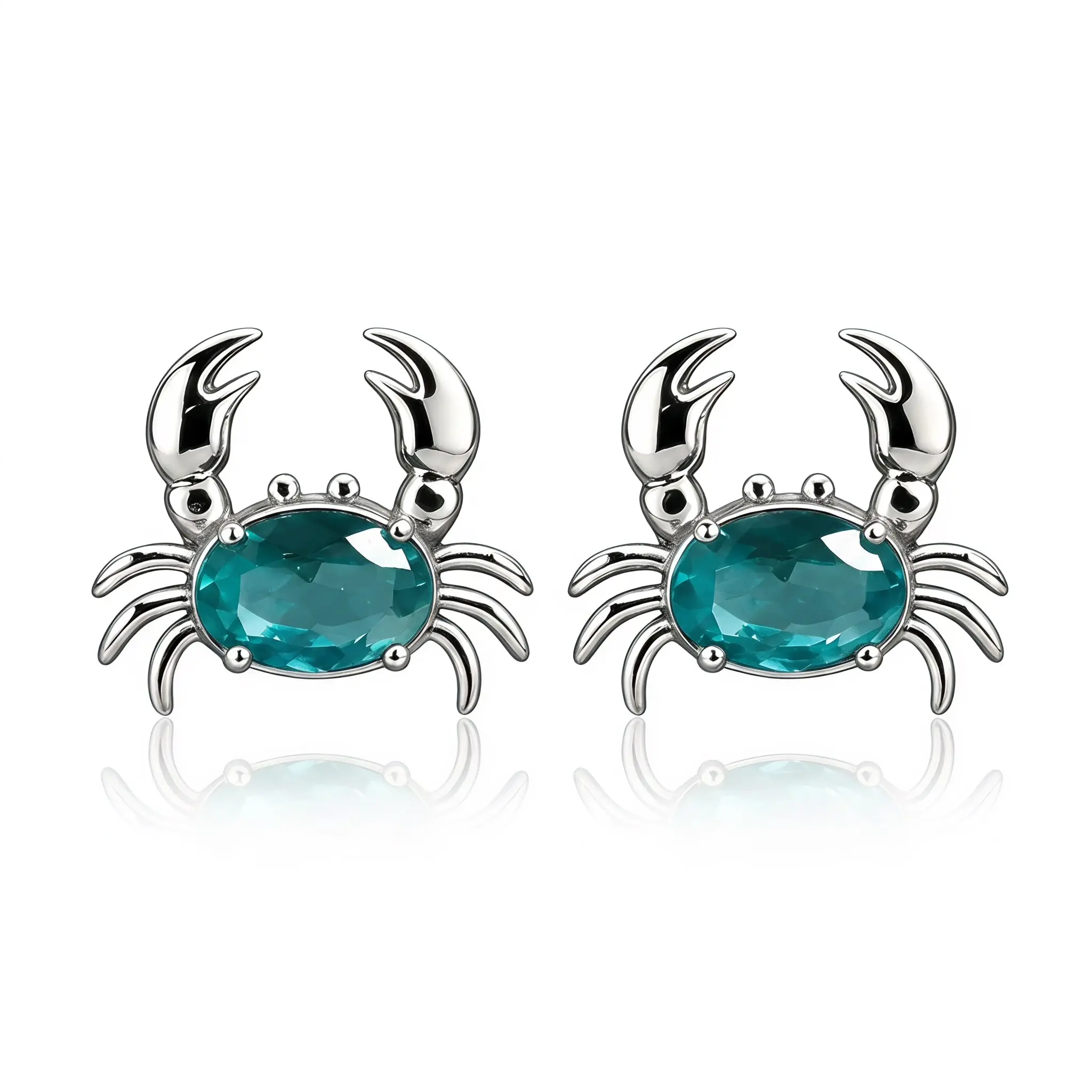 Women's Sparkling Teal Crystal Crab Stud Earrings - Alloy, Cancer Zodiac, Ocean-Inspired Crab Design, Daily Wear Summer Gifts