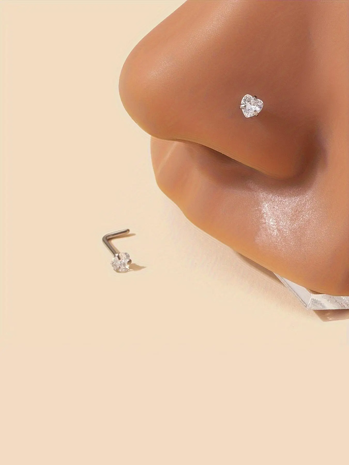 Summer Rhinestone Decor Heart Design L-shaped Nose Studs, Nose Piercing Jewelry, Nose Ring Jewelry, Body Jewelry, Daily Back To School