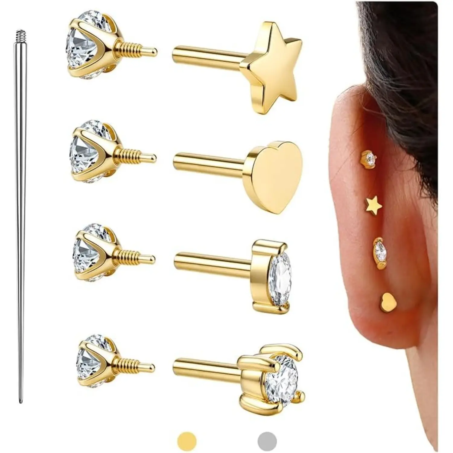 GEMQUEEN Reversible Flat Back Earrings Set • 14K Gold Filled & Surgical Steel • Sleep-Friendly Hypoallergenic Piercing Jewelry for Cartilage, Helix, Tragus (18G) DealsForYouDays
