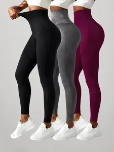 3-Pack Women's Solid Color Yoga Pants, High Waist Butt Lifting Fitness Leggings, Comfortable Breathable Knit Seamless Workout Clothes