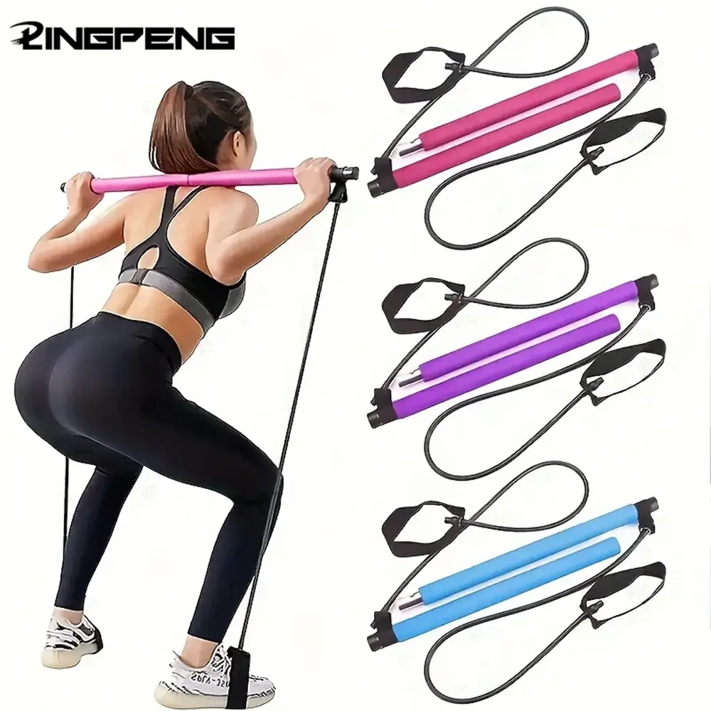 Multifunctional Pilates Bar Set with Color Resistance Bands, Workout Bands, Stainless Steel Fitness Equipment for Home Gym, Exercise, Yoga, Squats, Full Body Shaping