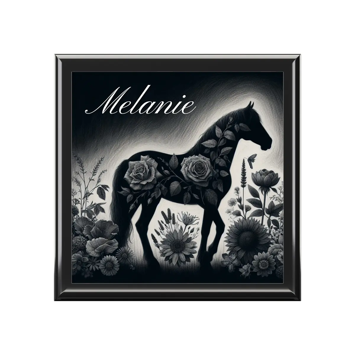 Custom Personalized Jewelry Box, Black and White Horse Silhouette with Flowers and Custom Name, Equestrian Gift, Horse Lover Jewelry Organizer, gift for her