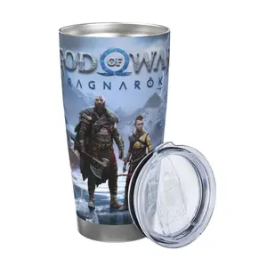 God of War Ragnarök Kratos and Atreus 20oz Insulated Tumbler, Norse Mythology Stainless Steel Travel Mug for Gamers, Double Wall Coffee Cup for Gaming Sessions and Home Office, with Lid
