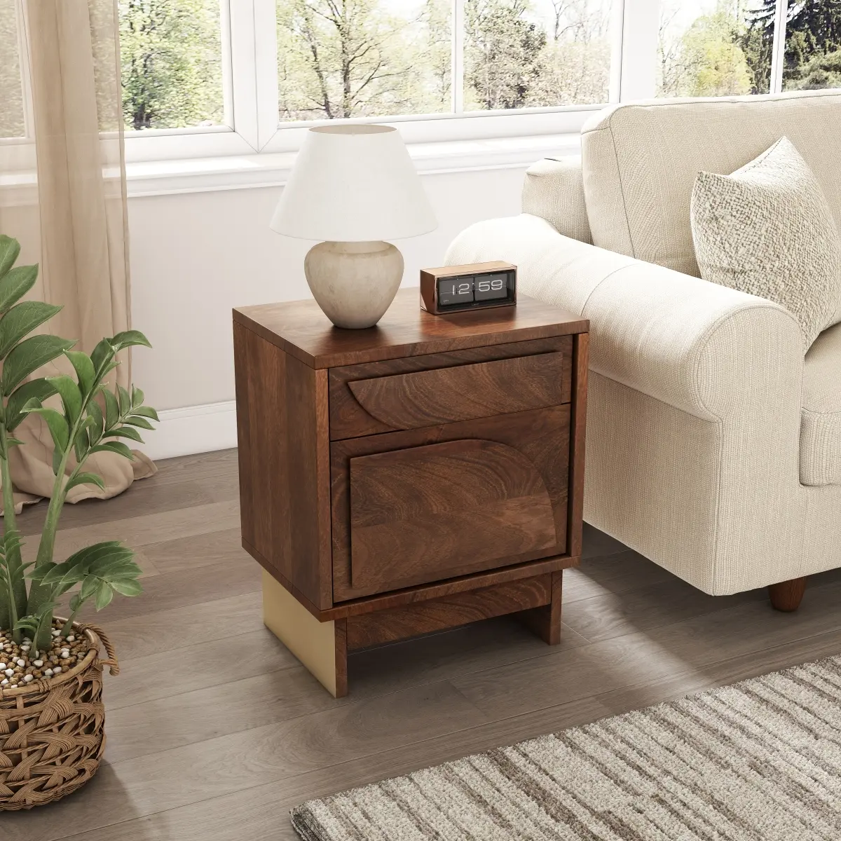 18x12x20in Walnut Finish Solid Mango Wood Nightstand - Exquisite, Multi-Purpose, Dual-Use, Assembled, Drawer-Equipped Bedside Table with Minimalist Cutout Handle, 50LBS Capacity for Bedroom Narrow Space, Exquisite Bedside Tables, Multi-Purpose Bedside Tab