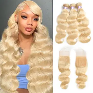 613 Blonde Body Wave Bundles With Closure Quick Weave Extensions Brazilian Virgin Human Hair Weave Bundles With Closure