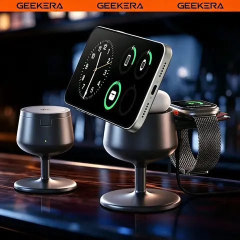 GEEKERA MagSafe 3-in-1 Freestanding Magnetic Wireless Charger, 25W Qi2.2-Certified Palm-Sized Travel Charger with 45W Adapter for iPhone 17-12 Series, Smart Watch 1-10/Ultra, Earbuds Pro, Pad & Smartphone Charging-Compatible Devices