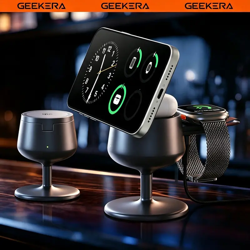 GEEKERA MagSafe 3-in-1 Freestanding Magnetic Wireless Charger, 25W Qi2.2-Certified Palm-Sized Travel Charger with 45W Adapter for iPhone 17-12 Series, Smart Watch 1-10/Ultra, Earbuds Pro, Pad & Smartphone Charging-Compatible Devices