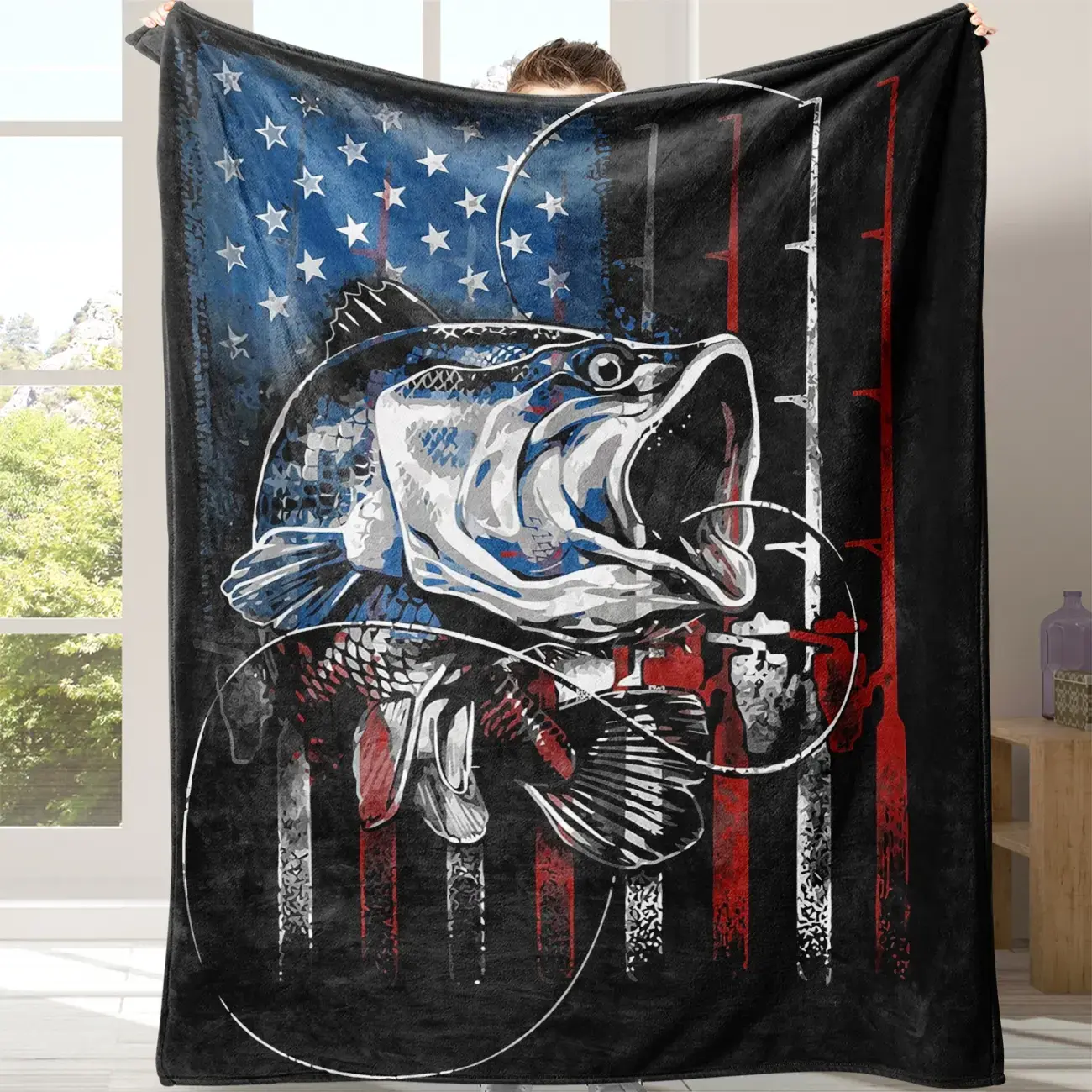 Soft Flannel Blanket with Flag Fish Design, Cozy Throw for Office Nap, School, Home Picnic Travel Gift Idea, Blanket Gifts, 1 Piece, Multifunctional Blanket, Soft Warm Blanket