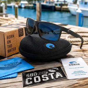 Costa 580 Polarized Sunglasses Matte Black Frame with Dark Blue Mirror Lenses for Fishing, Boating & Driving, Hard Case Included