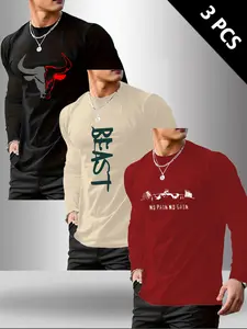 Men's Classic 3-Piece Set Graphic Letter Cow Print Knit Long Sleeve T-Shirts, Casual Comfortable Fitted Tops for All Seasons, Versatile Base Layer Clothing