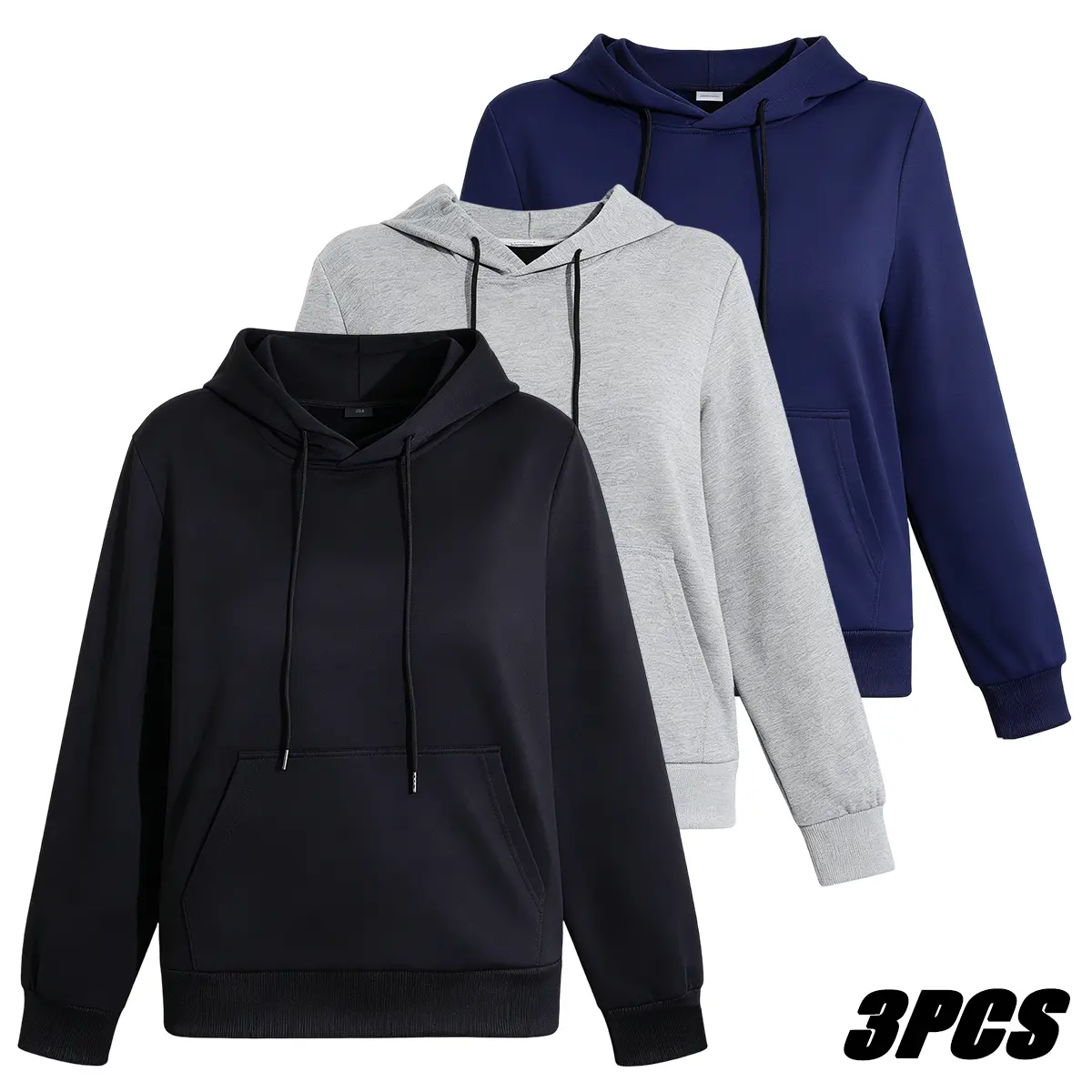 3PCS women’s crewneck hooded sweatshirt set: fleece long-sleeve loose casual hoodie with kangaroo pocket; solid-color pullover lightweight loose top; basic minimalist zip-up hoodie; loose casual basic long-sleeve top; travel essential hooded sweatshirt; s