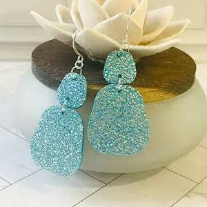 Blue sparkle genuine leather earrings