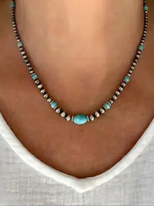 Women's Vintage Turquoise Necklace Set, Western Country Style Earrings Jewelry, Silver Color Beaded Accessory, Elegant Fashion Accessories