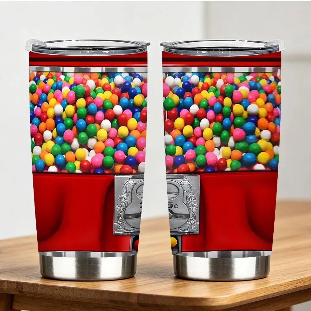 Vintage gumball machine colorful bubble gum tumbler, 1 pc, 12 oz/18 oz/20 oz/30 oz/40 oz, retro 25-cent candy dispenser stainless steel insulated cup, nostalgic gift for candy lovers