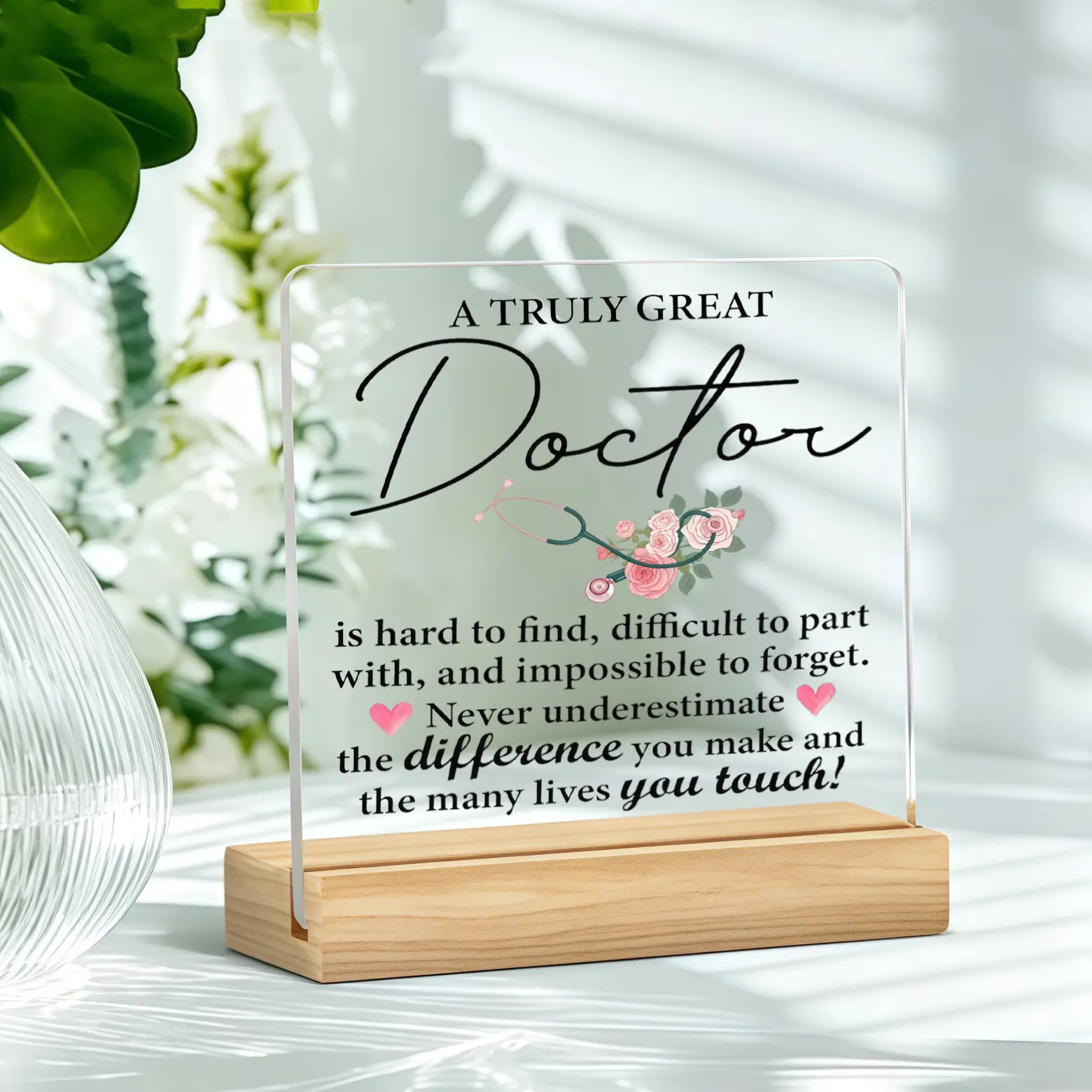 Floral Stethoscope Acrylic Desk Plaque with Wood Stand, Medical Appreciation Quote Rectangular Table Sign, Doctor Thank You Gift, Home-Clinic Decor, Rectangular Shape