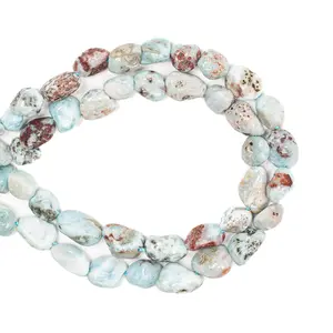 16 Inches Natural Larimar Gemstone Beads Irregular Nugget Stone Chips Crystal Beads Flat Oval Quartz Beads Semi-Finished Product For Jewelry Making Loose Bead DIY Bracelet Necklace Accessories
