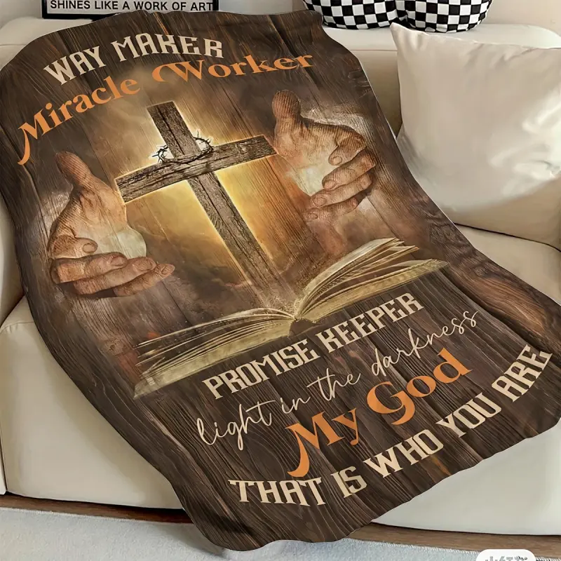 1Pc Inspirational "Way Maker, Miracle Worker" Flannel Blanket - Soft, Warm & Reversible All-Season Throw With Cross & Book Design - Ideal For Sofa, Bed, Office, Camping & Travel - A Heartfelt Gift, Faith Message, Flannel Fabric