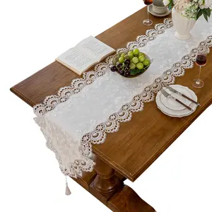 Luxury Embroidered Imitation Satin Table Runner with Lace Edges, Floral Motifs, Hollow Design, Multi-Size Household Dining/Coffee Table Linen (40x120cm to 40x290cm)