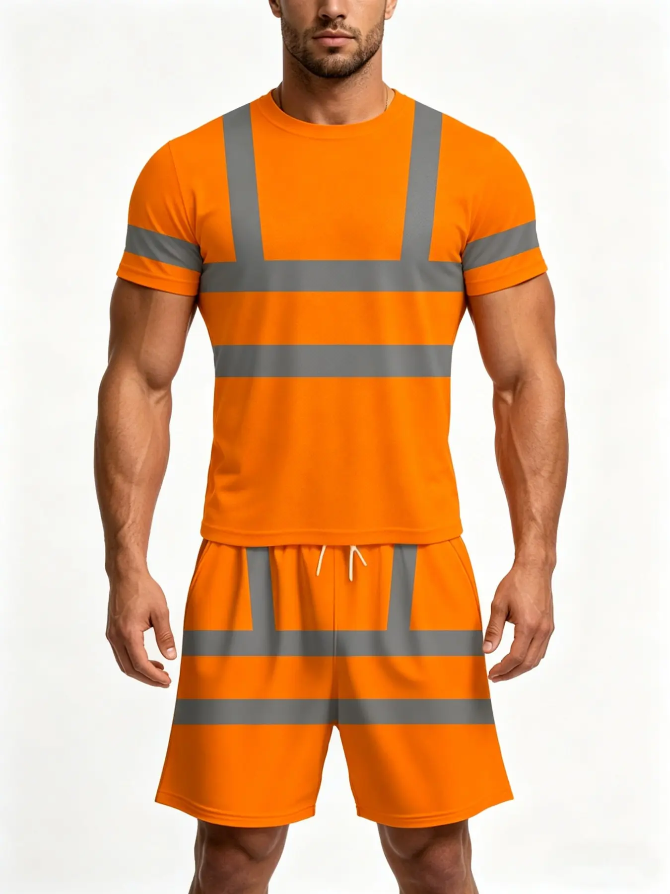 Reflective Safety Workwear Style Uniforms Set for Men, Summer Outdoor Short Sleeve T-Shirt and Shorts, with Pockets, Drawstring Waist, Ideal Gift, Lightweight Work Clothes