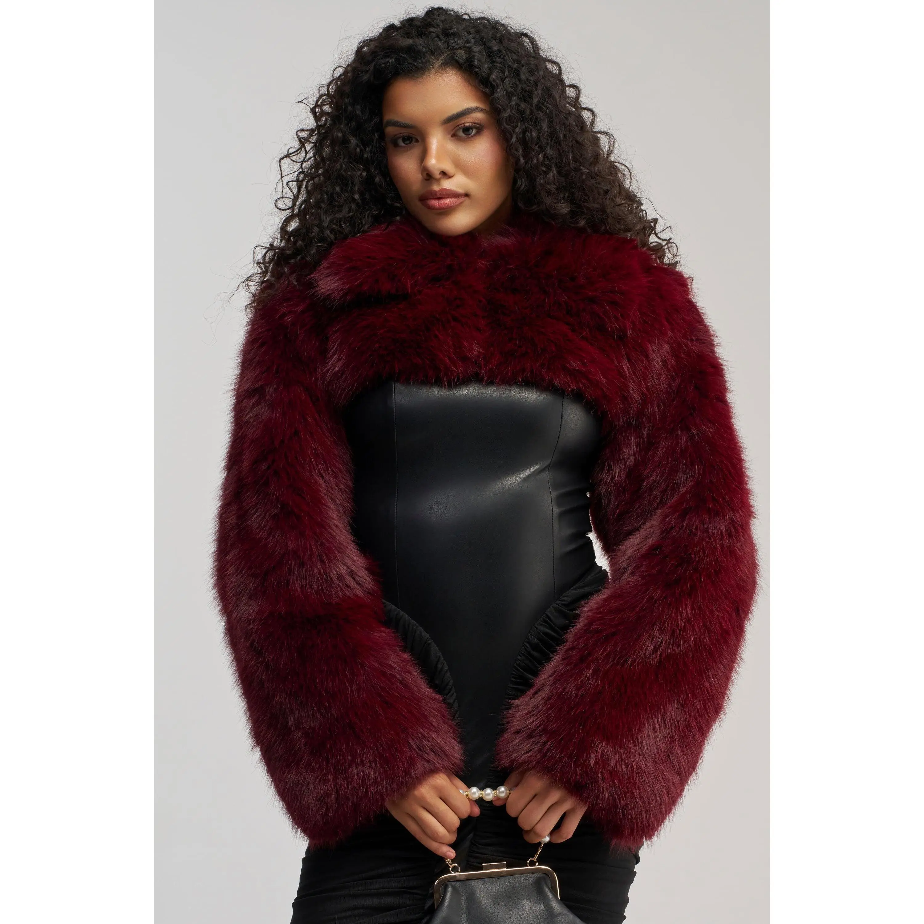 LEILA ULTRA CROP FAUX FUR IN BURGUNDY