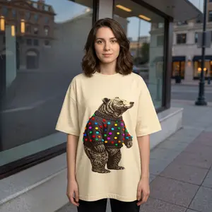 Christmas Bear in Ugly Sweater with Colorful Lights Graphic T-Shirt, Funny Holiday Animal Aesthetic Unisex Oversized Cotton Casual Short Sleeve Tee