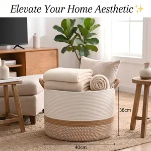 Large Round Multifunctional Boho Cotton Rope Storage Basket - Rustic Farmhouse Room Accessories, Collapsible Laundry Basket with Handles for Living Room