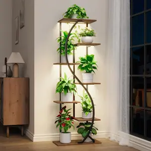 59 Inch Tall Indoor Plant Stand with Grow Light, 7 Tier S-Shaped Metal Flower Display Shelf, Multipurpose Corner Storage Rack for Living Room Patio Balcony Home Decor