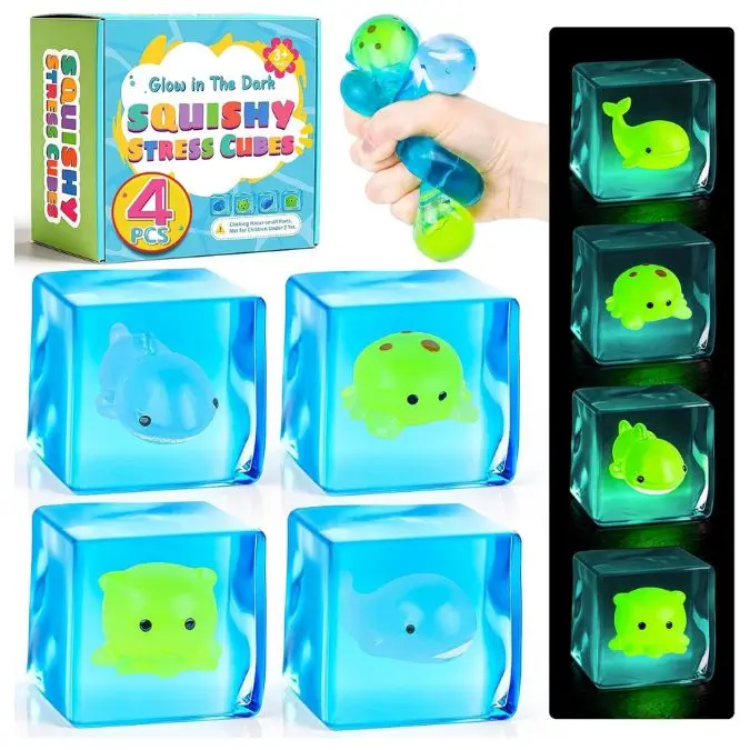 Glow in The Dark Stress Balls 4 Pack – Sea Animal Squishy Fidget Toys for Kids & Adults, Anxiety Relief Sensory Toys, Stress Relief Squeeze Balls, Autism Sensory Fidgets, Party Favors & Classroom Prizes