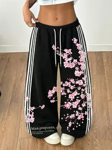 Y2K Chinese Streetwear Sweatpants - Full Cherry Blossom Print 3 Stripes Drawstring Loose Wide Leg Casual Pants