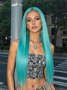Blue Green Synthetic Lace Front Wig Long Silky Straight Hair Mint Blue Wig Heat Resistant 13x4 HD Lace Free Part Pre Plucked Hairline 28" Colored Wig for Women Cosplay Party Use