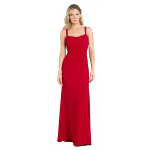 Red Ruched Cowl Neck Gown with Rhinestone Detail