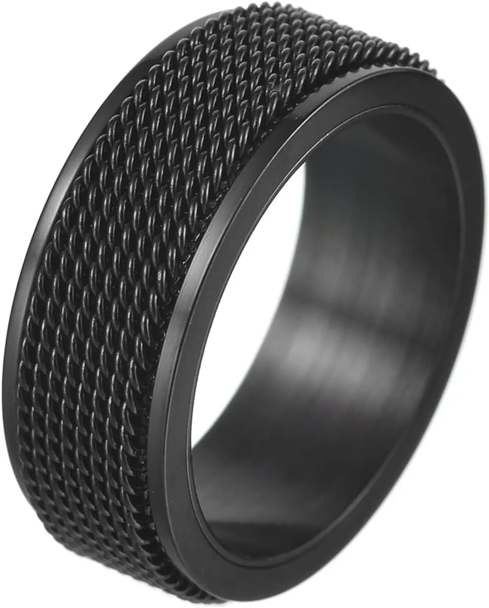 Men's 8mm Spinner Ring, Black Textured Fidget Band, Rotatable Anxiety Relief Ring, Cool Fashion Jewelry for Men and Women