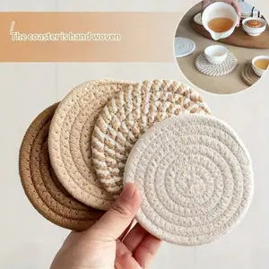 4pcs Woven Absorbent Round Coaster Set High-Temperature Resistant Cup Pad for Coffee Tea Drinks