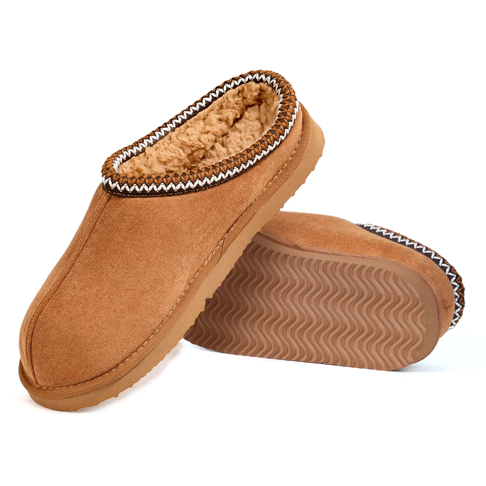 OOW Men's Fuzzy Suede Leather Slippers Winter Warm Memory Foam Non-Slip Outsole Indoor Outdoor House Shoes Chestnut Classic Decor Breathable Suede Uppers Soft Plush Lining - Footwear