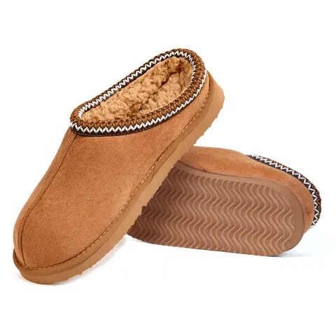 OOW Men's Fuzzy Suede Leather Slippers Winter Warm Memory Foam Non-Slip Outsole Indoor Outdoor House Shoes Chestnut Classic Decor Breathable Suede Uppers Soft Plush Lining - Footwear
