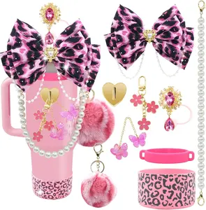 Bling Stanley Cup Accessories for 40/30/20 Oz Tumbler with Handle Including Glitter Bow Straw Topper, Heart Straw Cover, Pearl Water Bottle Handle Strap, Boot, Pom-Pom, Keychain Charms (Pink Leopard) LBU