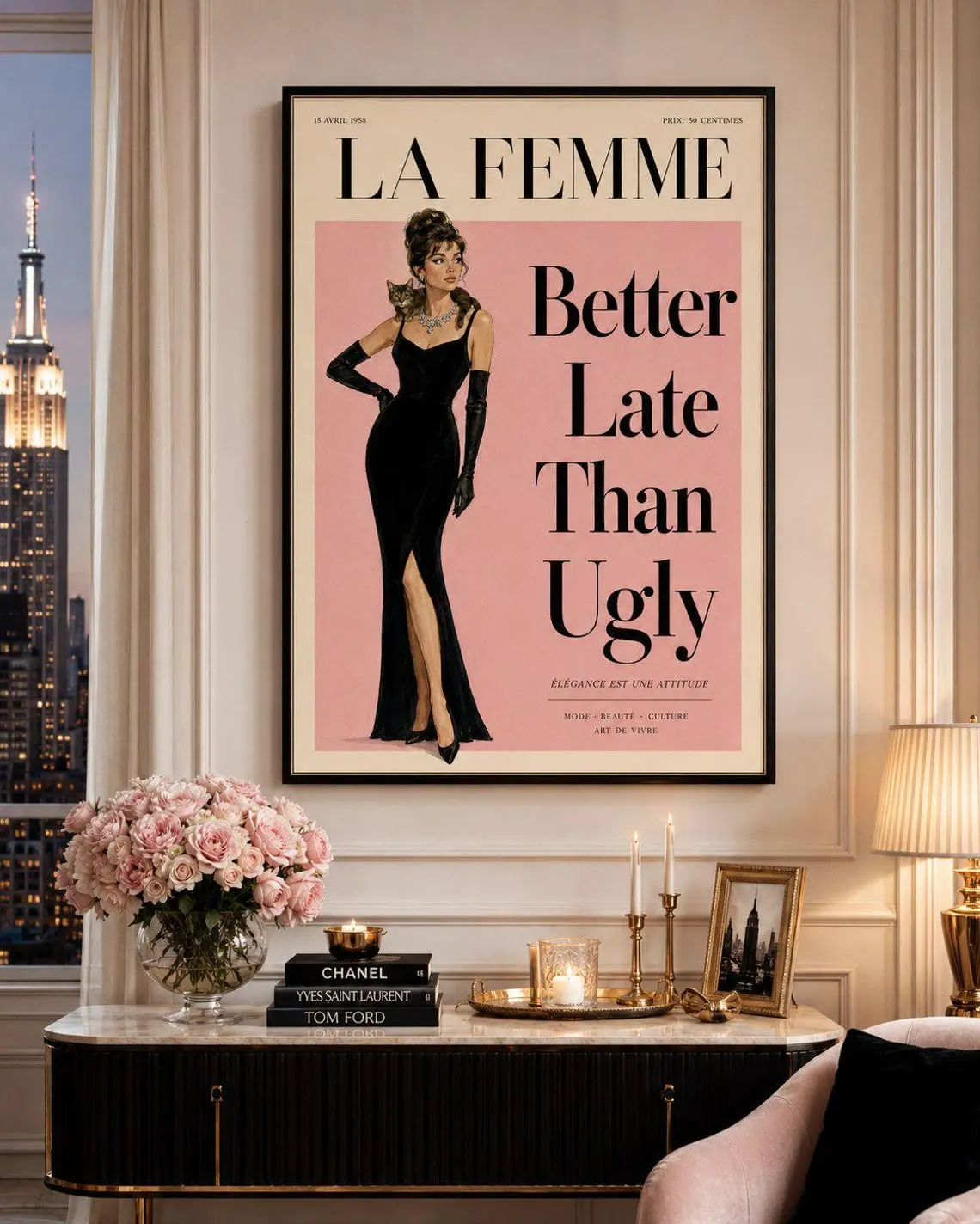 Fashion Quote Poster, Better Late Print, Paris Chic Decor, Pink Vogue Artwork, Feminine